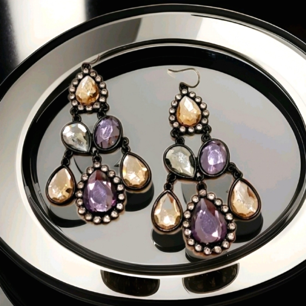 Vintage 90's Exxagerated Multi-stone Crystal Chandelier Silver Drop Earrings